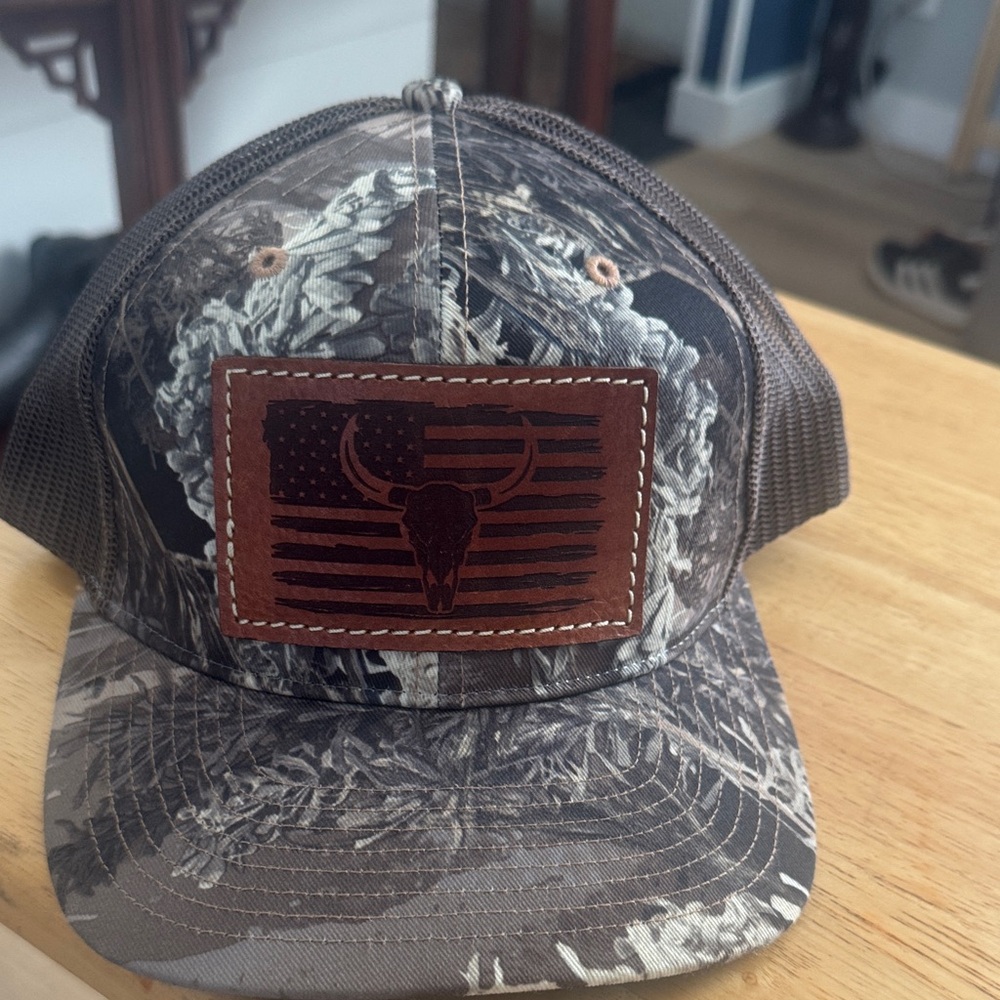 Camo Trucker Hat with Leather Patch